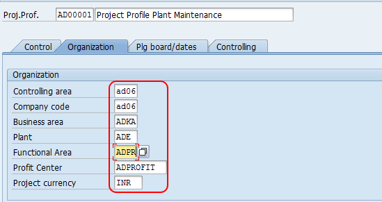 Project profile in SAP organization data