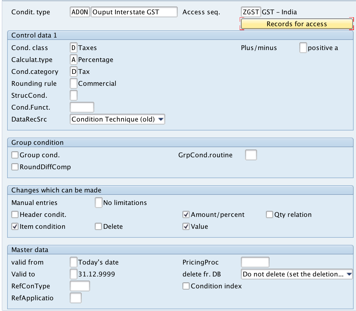 Condition type output interstate GST SAP