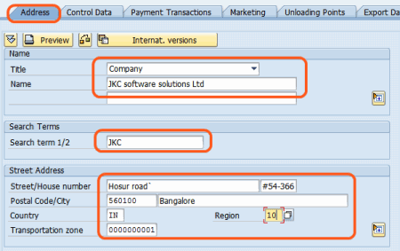 Create customer master data - Address