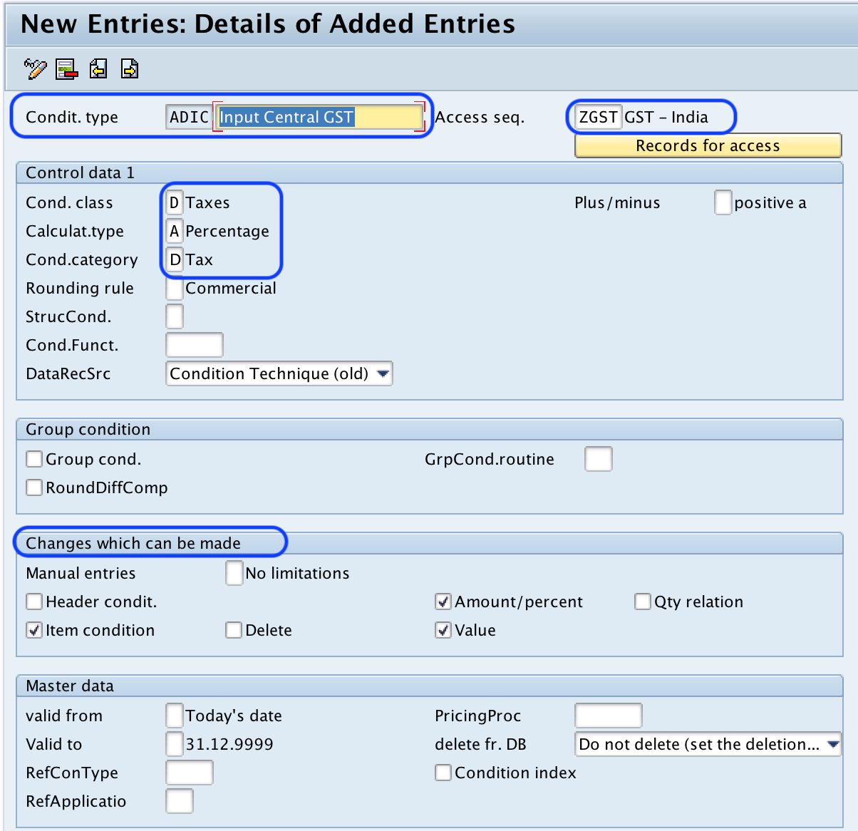 Define Condition Types in SAP for GST