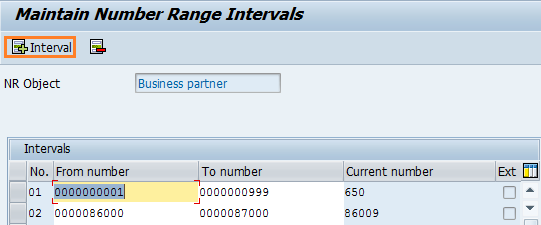 Maintain business partner number range intervals