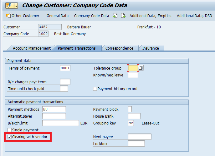 “Clrg with vendor” Checkbox in Customer Master Record