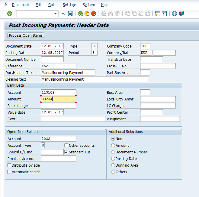 Post Manual Incoming Payment – Initial Screen for Header Data