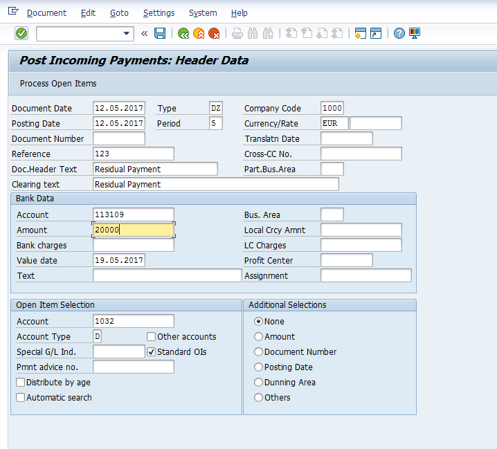 Post Residual Incoming Payment – Initial Screen for Header Data