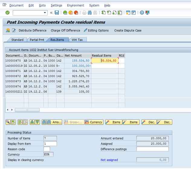 Post Residual Incoming Payment – Assign the Open Items