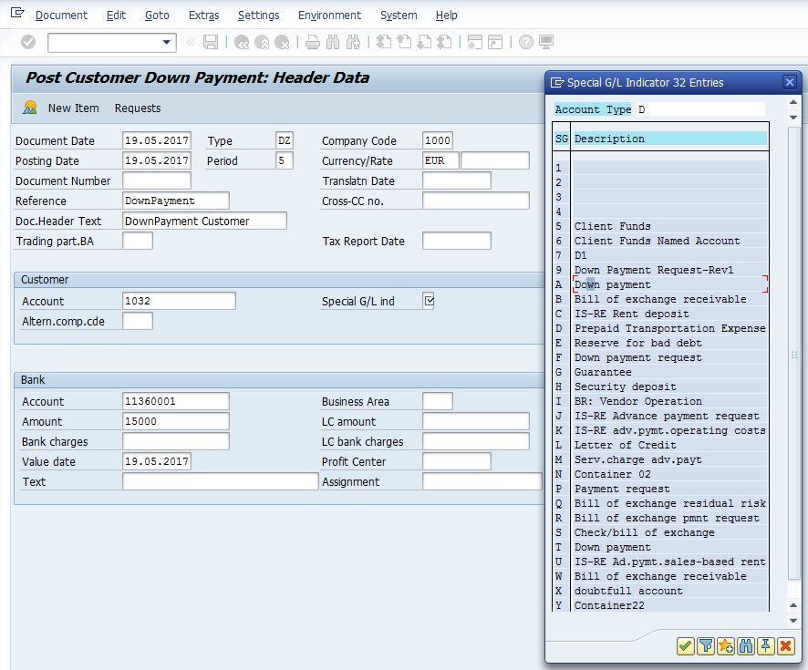 Post Customer Down Payment – Initial Screen for Header Data with Special G/L Indicator Options