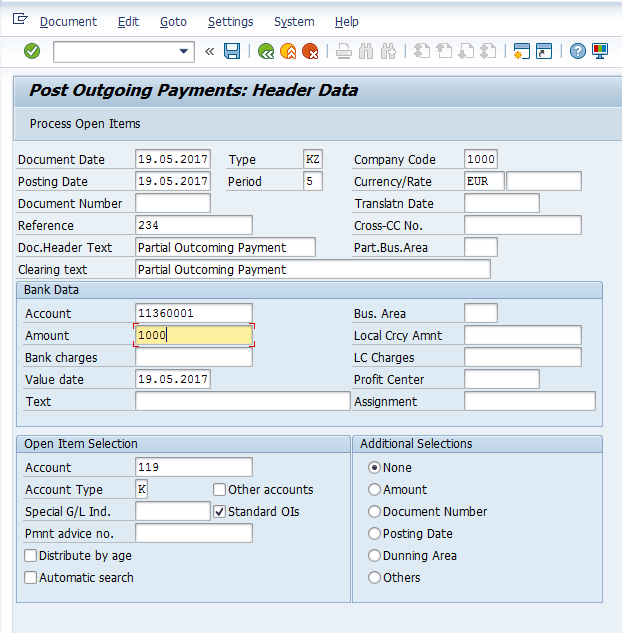 Post Partial Outgoing Payment – Initial Screen for Header Data