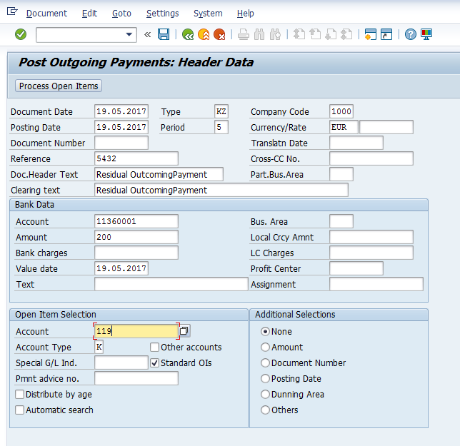 Post Residual Outgoing Payment – Initial Screen for Header Data