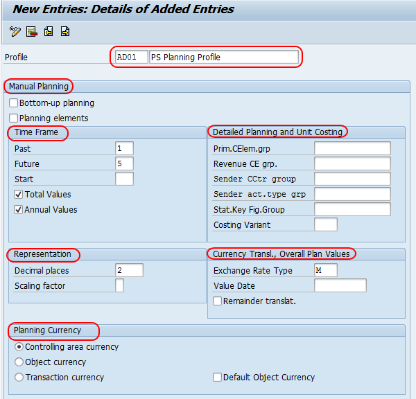 Create and change planning profile in SAP PS