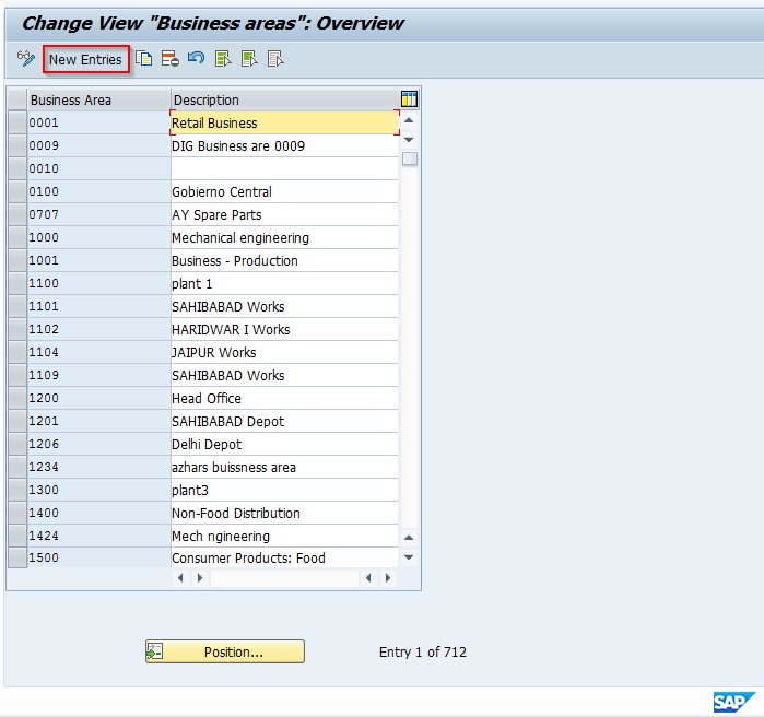 Create New SAP Business Area Entry