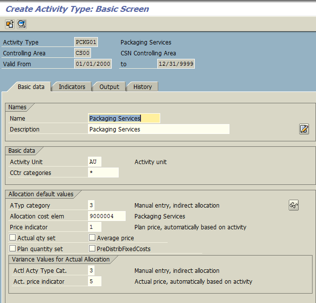 Create Activity: Packaging Services – Basic Screen