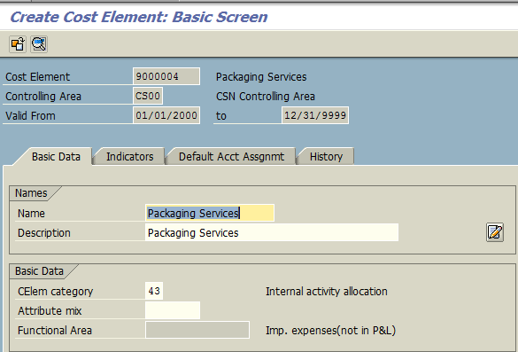 Create Cost Element – Basic Screen