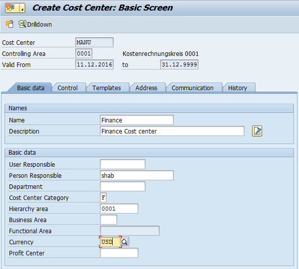 Create SAP Cost Center Master Data – Basic Data Tab