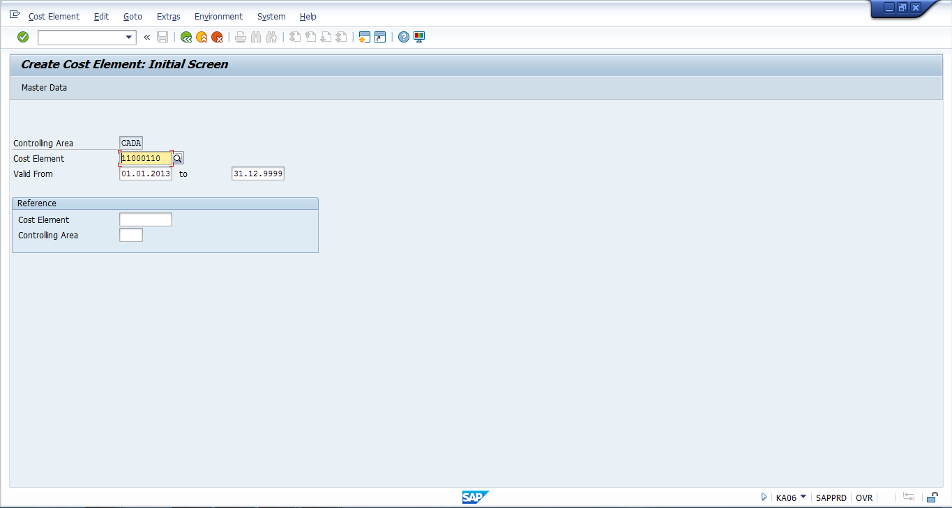 Create Secondary SAP Cost Element – Initial Screen