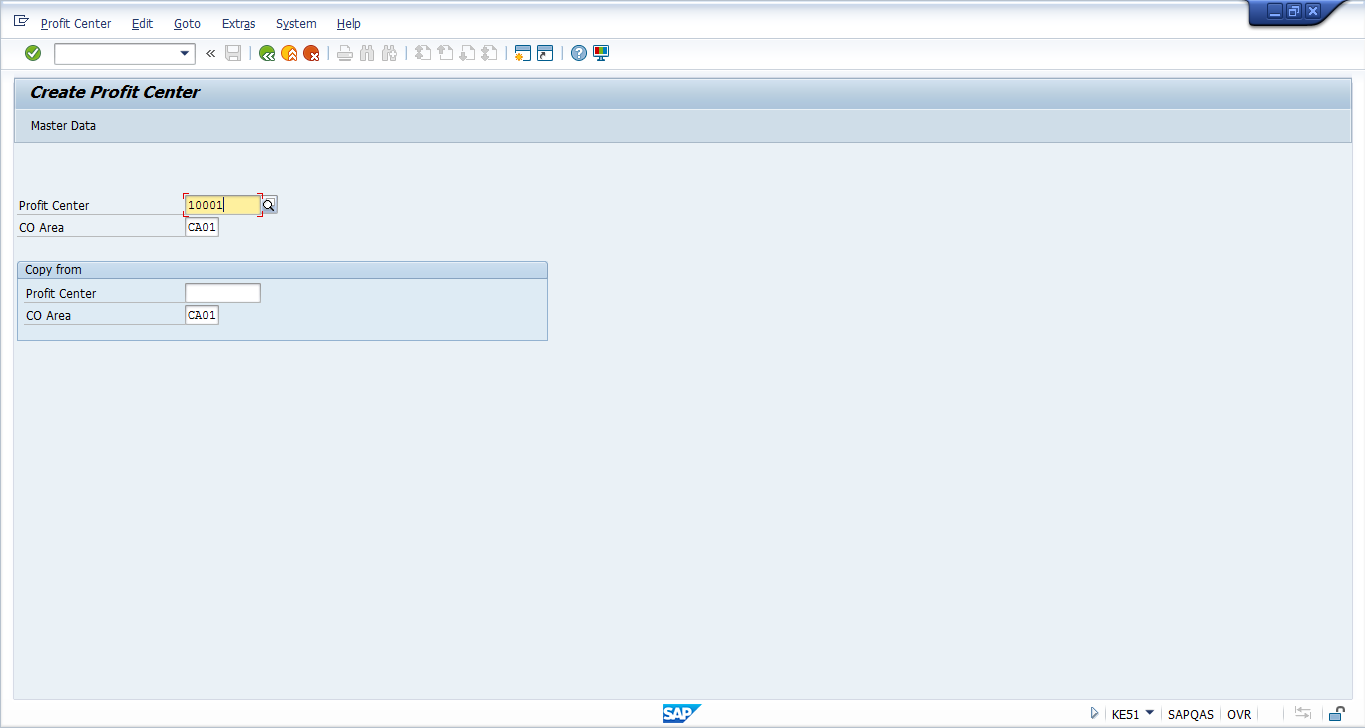 Initial Screen of Create Profit Center Transaction (KE51)