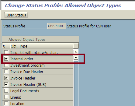 Assign Internal Order to Status Profile