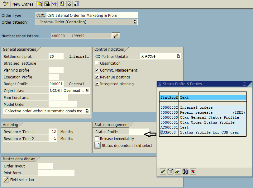 Maintain Status Profile on Order Type