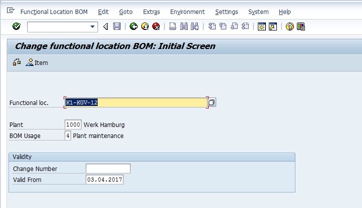 Initial Screen for Making Changes to Functional Location BOM
