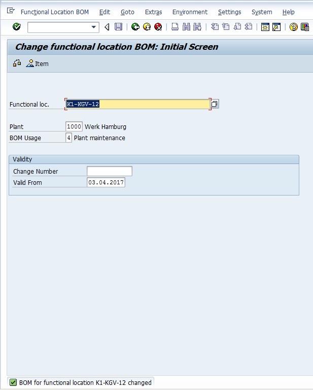 Confirmation Screen of Changes to Functional Location BOM