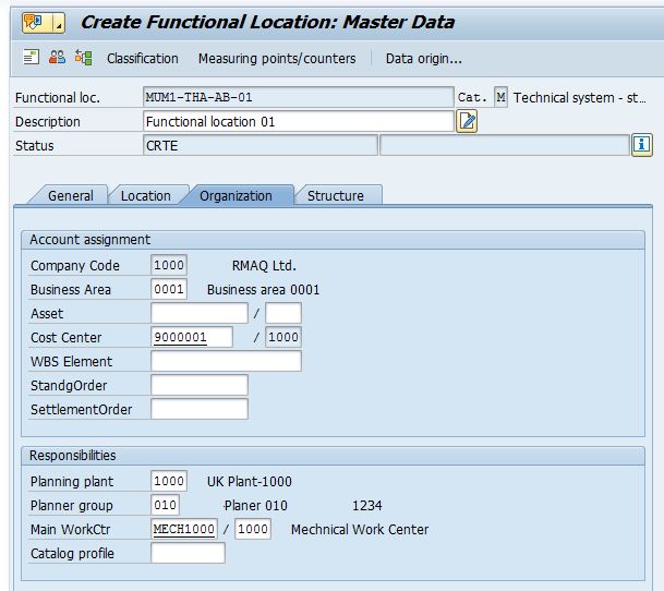  Create SAP Functional Location: Organization Tab