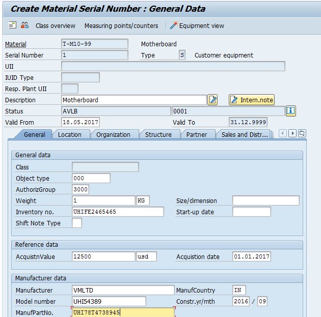 Create Material Serial Number: Equipment View