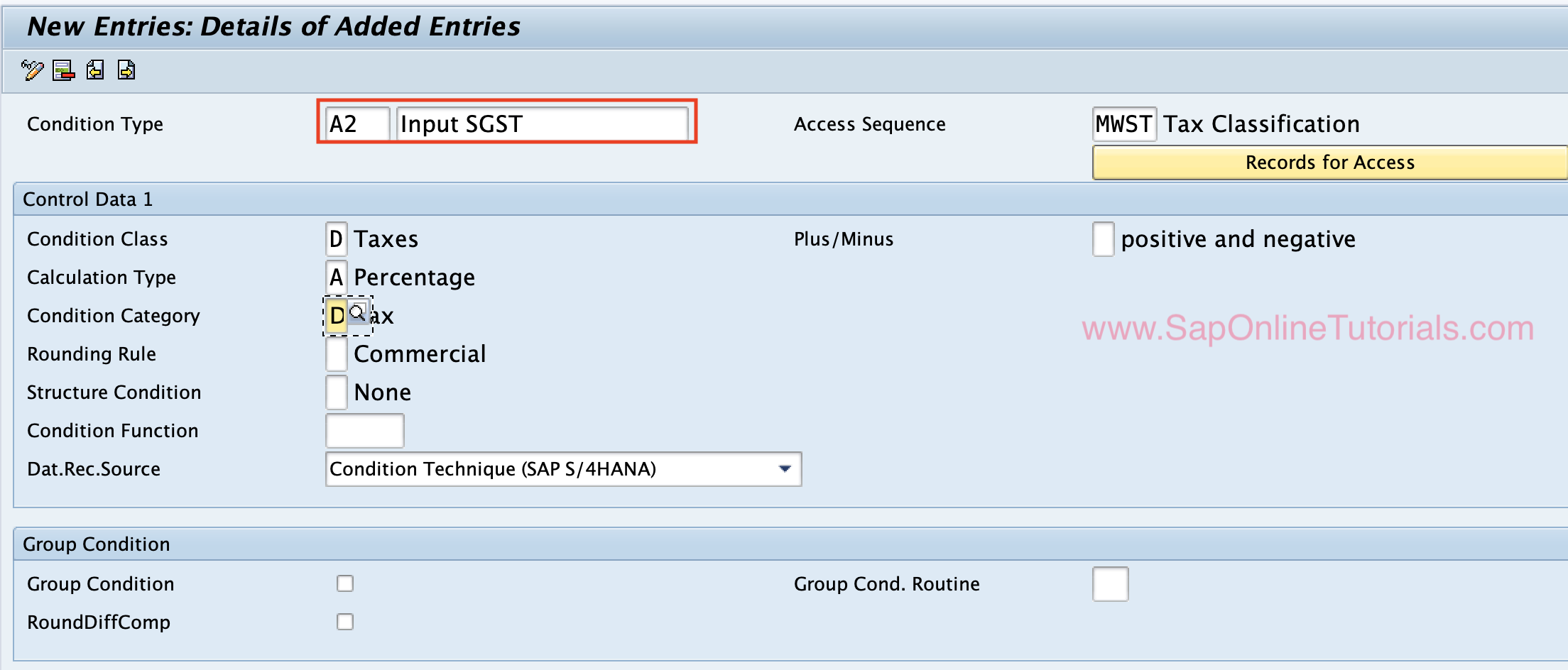 A2 - Input SGST SAP