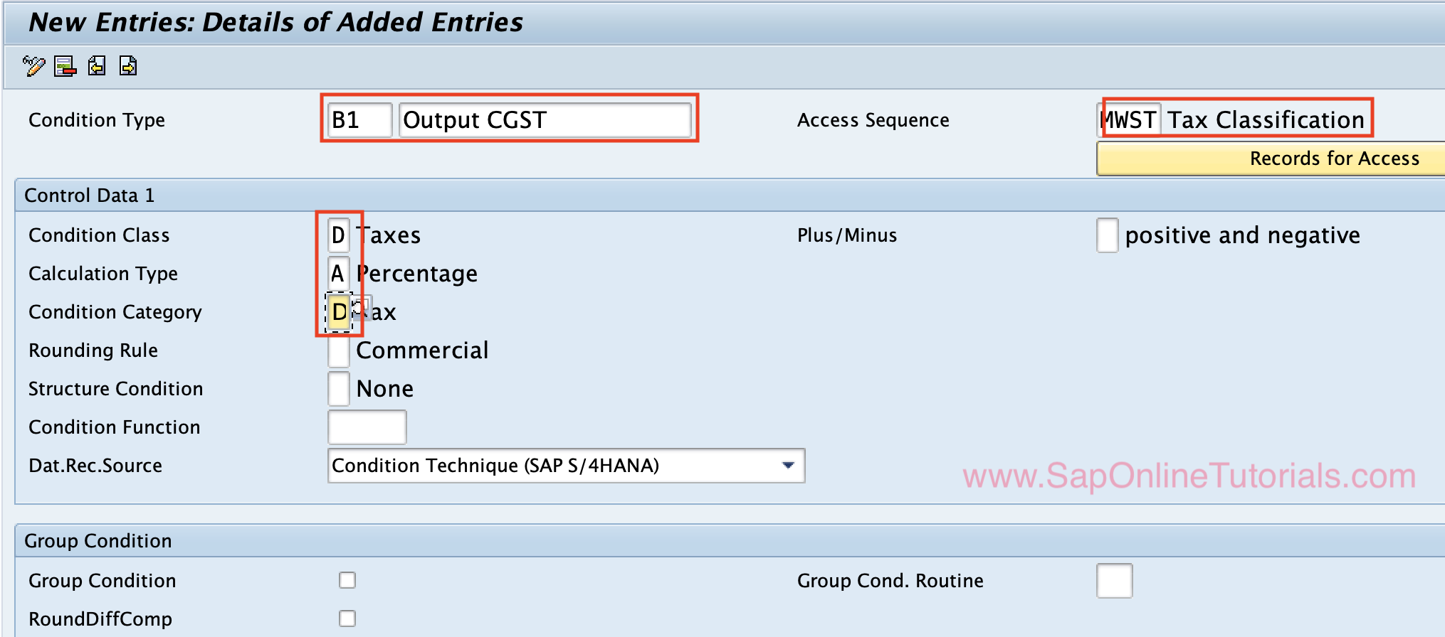 Condition Type- B1 - Output CGST SAP