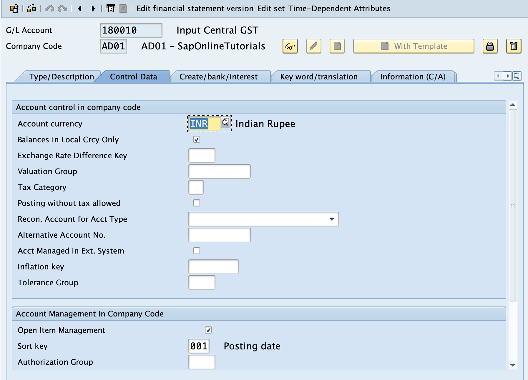 Control Data - GST GL Account in SAP Hana