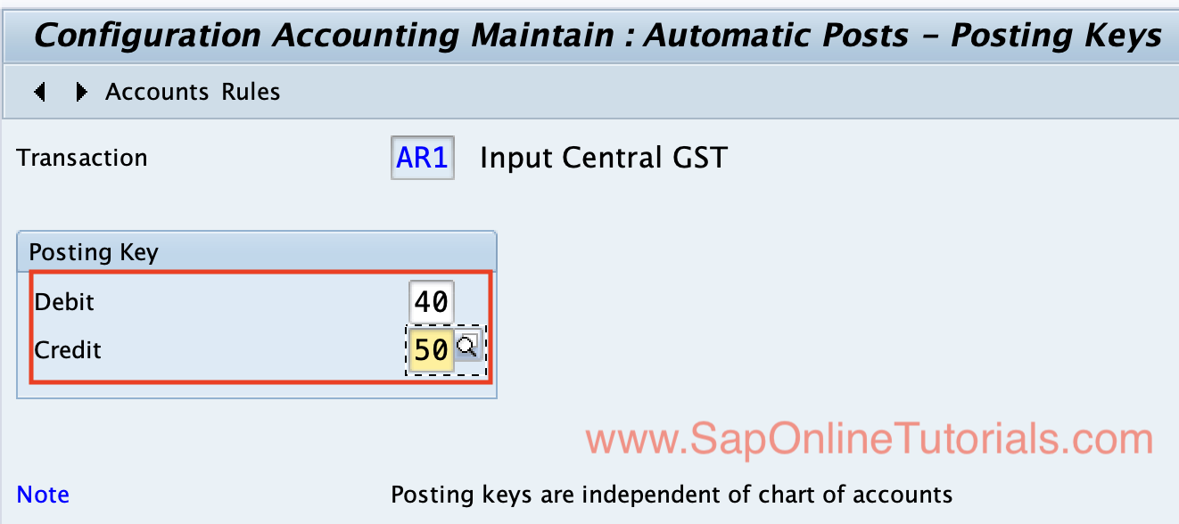 Posting keys for debit and credit postings for GST in sap Hana